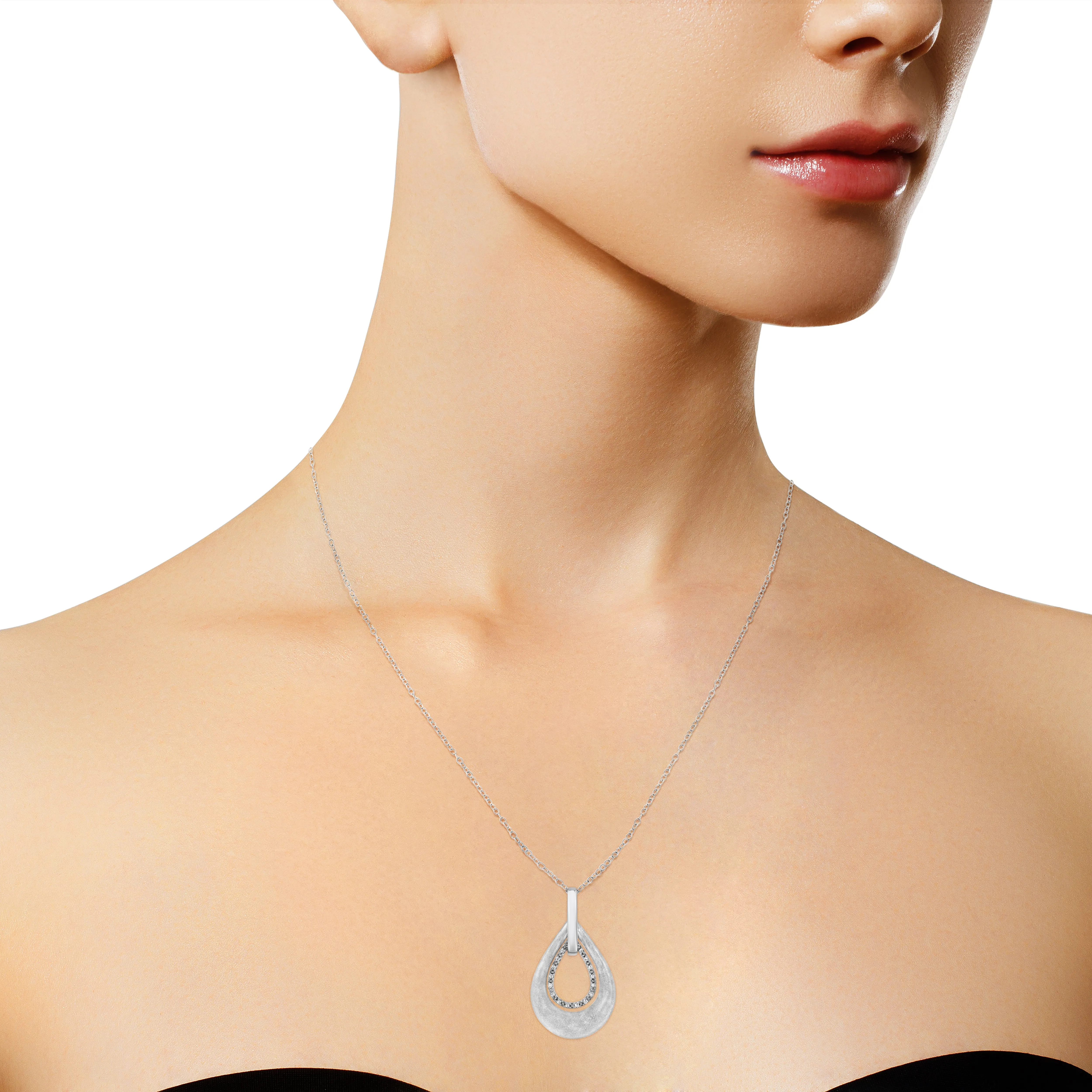 .925 Sterling Silver Prong-Set Diamond Accent Fashion Double Drop Design 18 Pendant Necklace