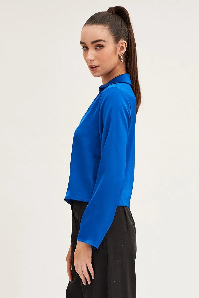 Blue Satin Long Sleeve Collared Chain-Link Front Jacket