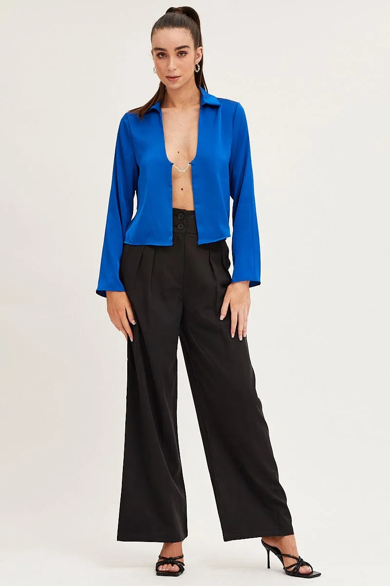 Blue Satin Long Sleeve Collared Chain-Link Front Jacket