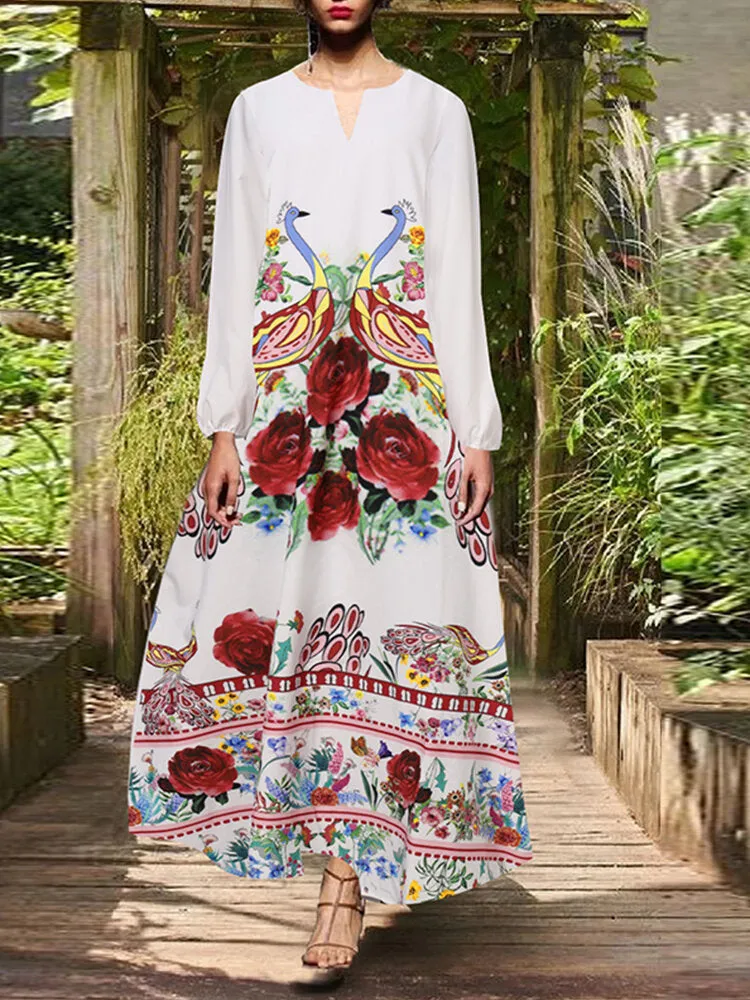 Casual Travel All Season Full Sleeve Floral V-neck Women Maxi Dress