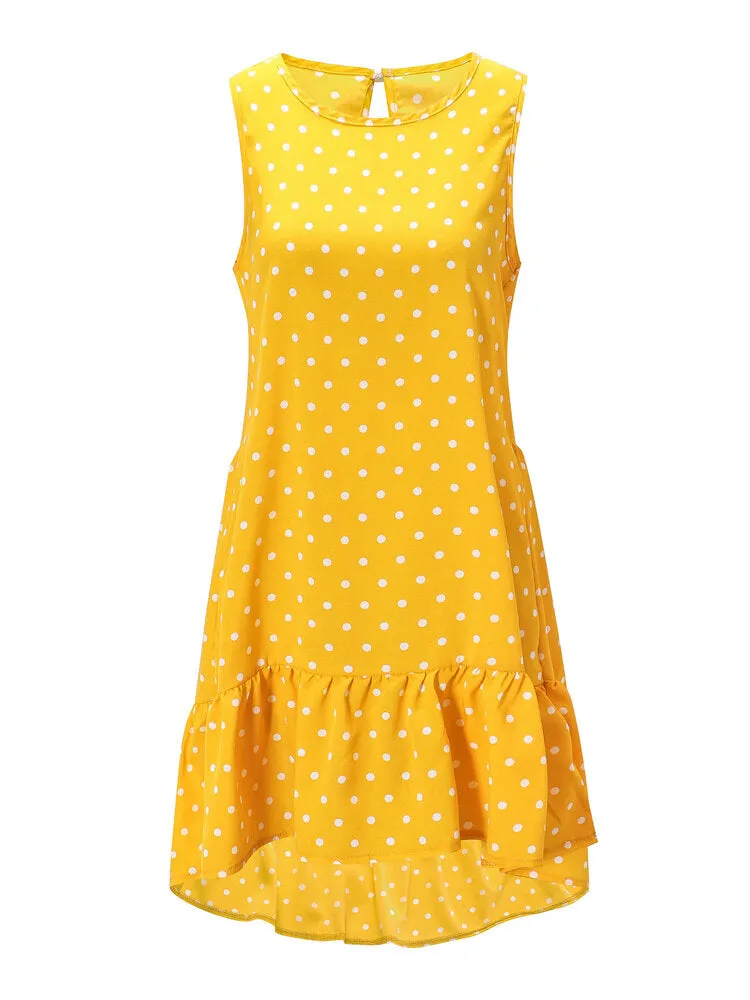 Daily Casual Polka Dot Print Sleeveless Loose Women Midi Dress