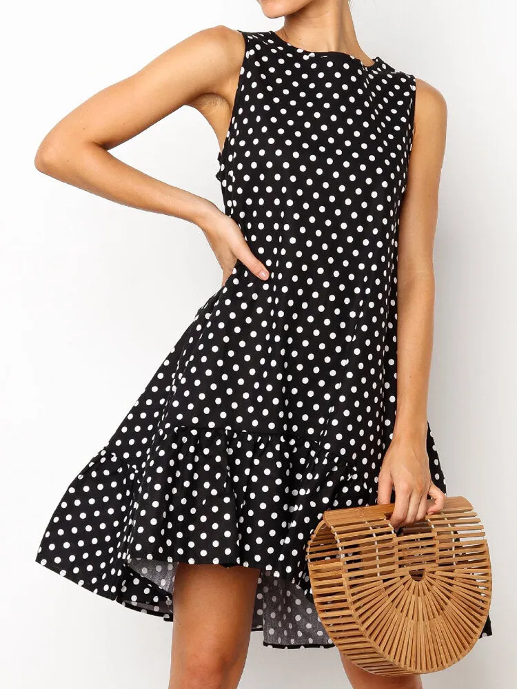 Daily Casual Polka Dot Print Sleeveless Loose Women Midi Dress