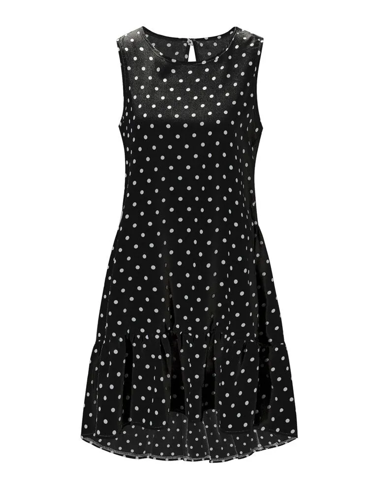 Daily Casual Polka Dot Print Sleeveless Loose Women Midi Dress