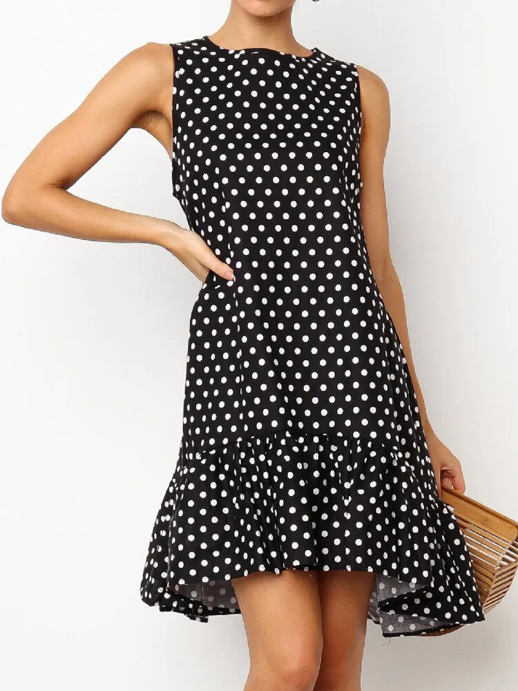 Daily Casual Polka Dot Print Sleeveless Loose Women Midi Dress