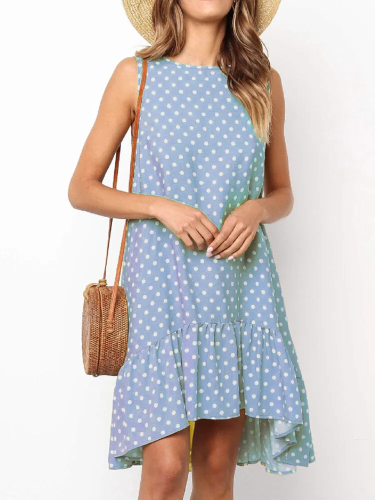 Daily Casual Polka Dot Print Sleeveless Loose Women Midi Dress
