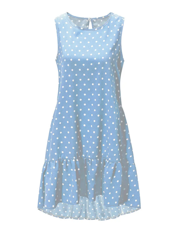 Daily Casual Polka Dot Print Sleeveless Loose Women Midi Dress