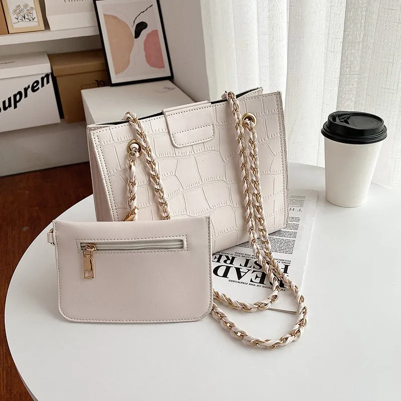 Faux Leather Cross Bags Set For Women Solid Color Shoulder Handbags