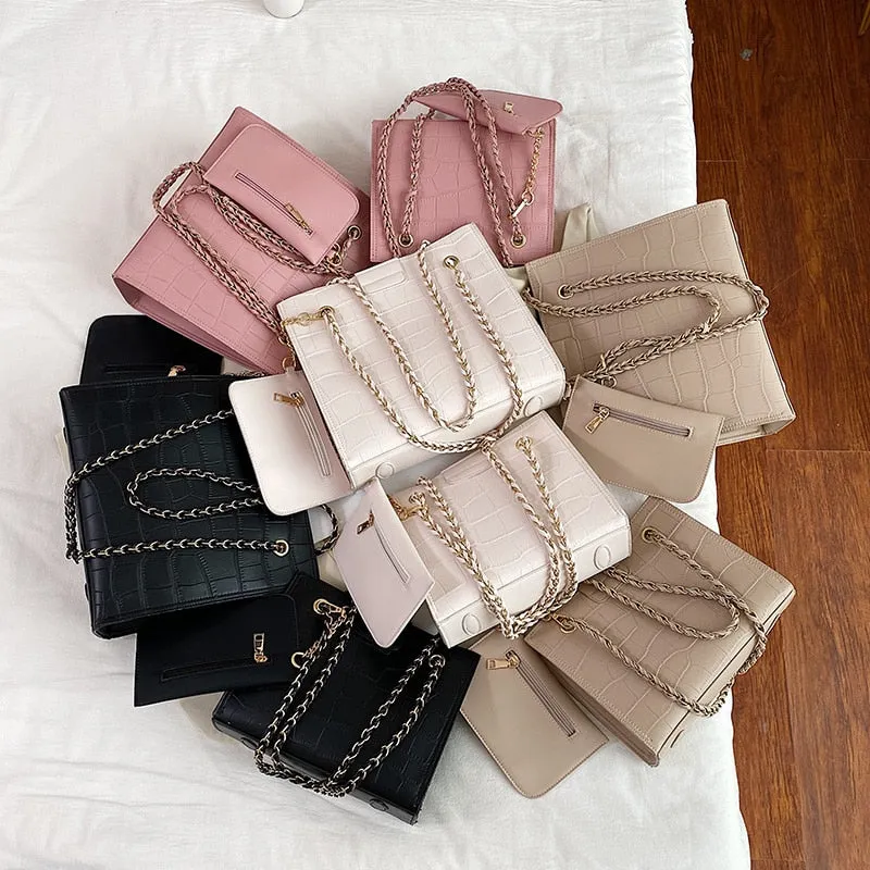 Faux Leather Cross Bags Set For Women Solid Color Shoulder Handbags