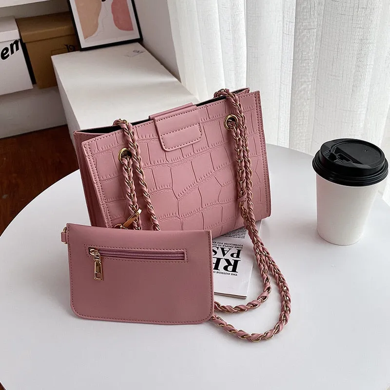 Faux Leather Cross Bags Set For Women Solid Color Shoulder Handbags
