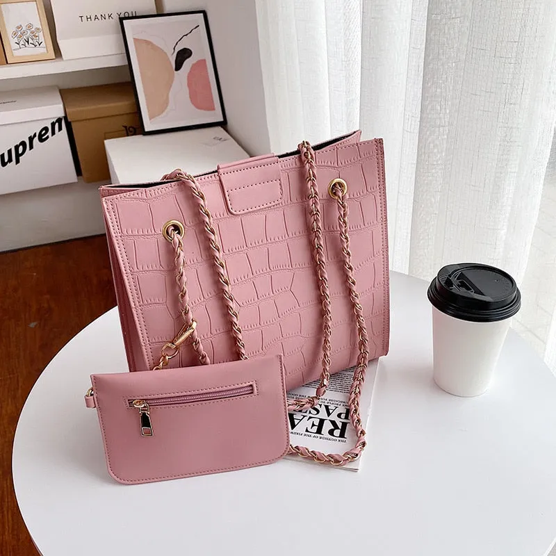 Faux Leather Cross Bags Set For Women Solid Color Shoulder Handbags