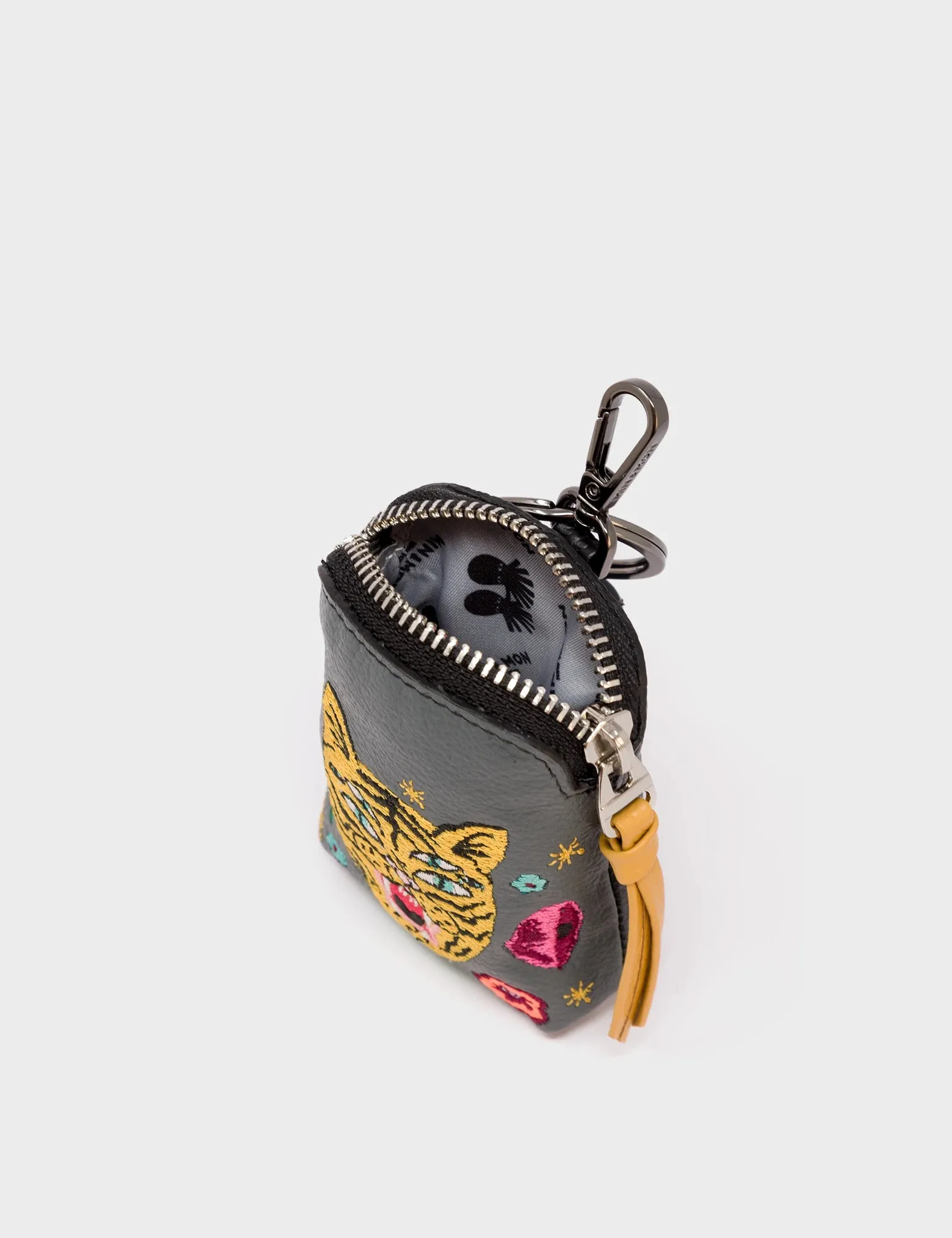 Florence Pouch Charm - Stormy Gray Leather Keychain Tiger and Flowers Embroidery