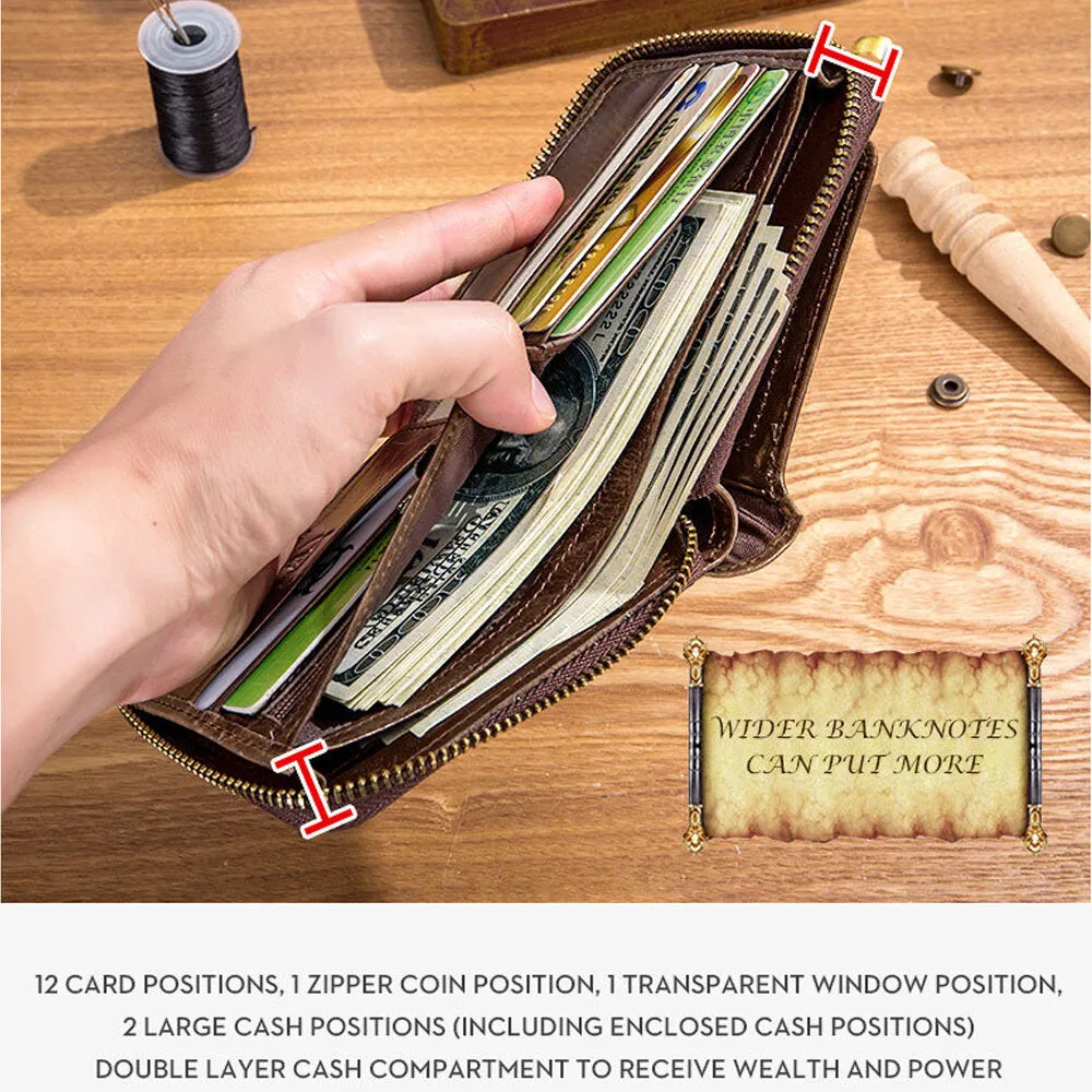Genuine Leather RFID Wallet For Men 11 Card Slots Coin Bag Zipper Wallet