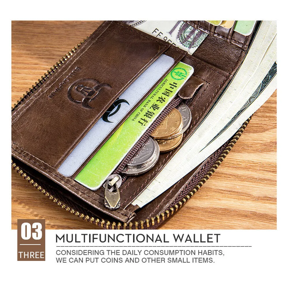 Genuine Leather RFID Wallet For Men 11 Card Slots Coin Bag Zipper Wallet