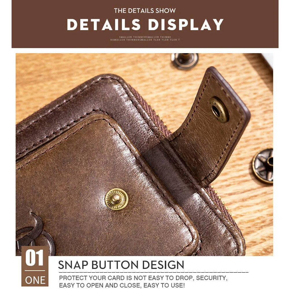 Genuine Leather RFID Wallet For Men 11 Card Slots Coin Bag Zipper Wallet