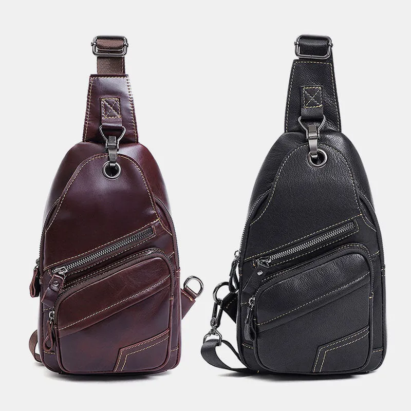 Men Genuine Leather Large Capacity Outdoor Casual Chest Bag Convertible Shoulder Strap Multi-pocket Shoulder Bag Crossbody Bag