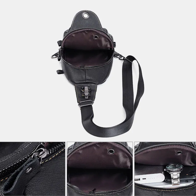 Men Genuine Leather Large Capacity Outdoor Casual Chest Bag Convertible Shoulder Strap Multi-pocket Shoulder Bag Crossbody Bag