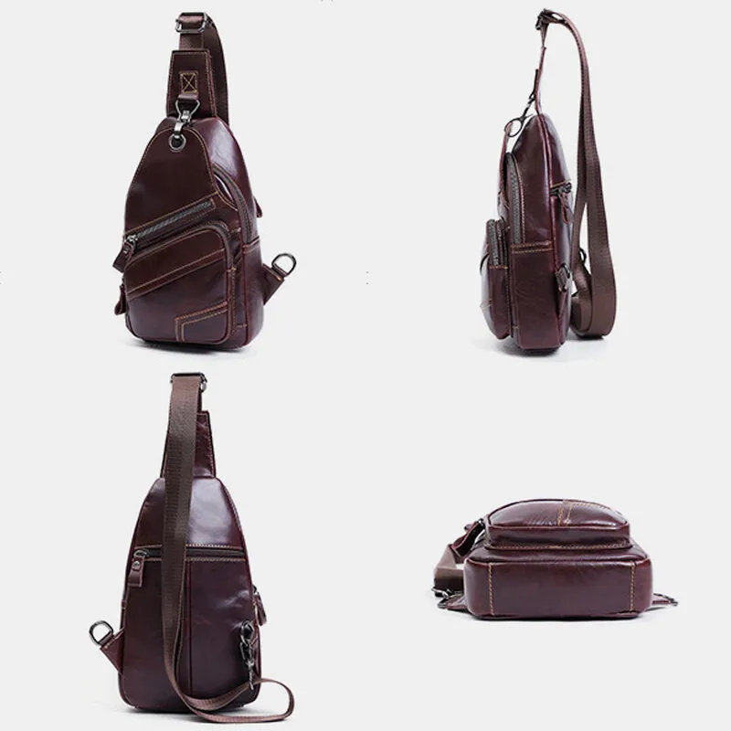 Men Genuine Leather Large Capacity Outdoor Casual Chest Bag Convertible Shoulder Strap Multi-pocket Shoulder Bag Crossbody Bag