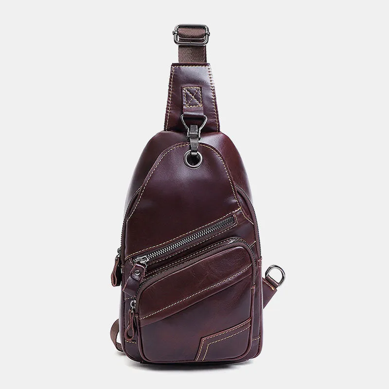 Men Genuine Leather Large Capacity Outdoor Casual Chest Bag Convertible Shoulder Strap Multi-pocket Shoulder Bag Crossbody Bag