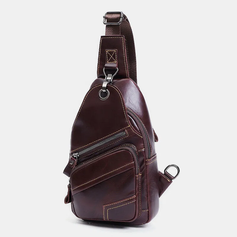 Men Genuine Leather Large Capacity Outdoor Casual Chest Bag Convertible Shoulder Strap Multi-pocket Shoulder Bag Crossbody Bag