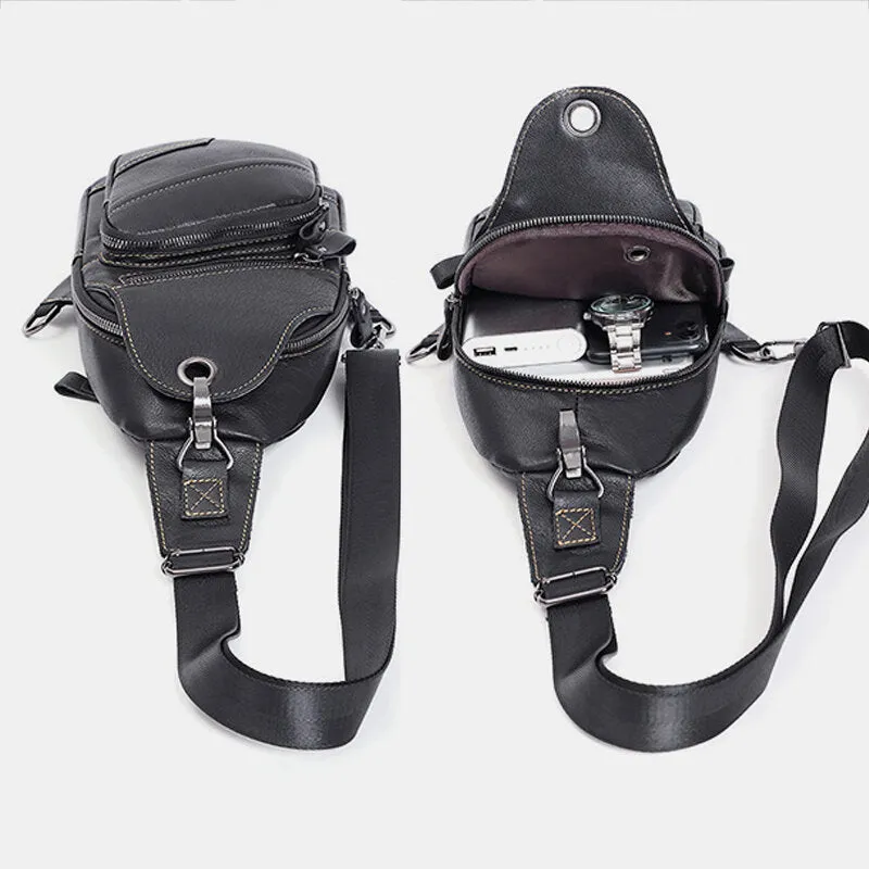 Men Genuine Leather Large Capacity Outdoor Casual Chest Bag Convertible Shoulder Strap Multi-pocket Shoulder Bag Crossbody Bag