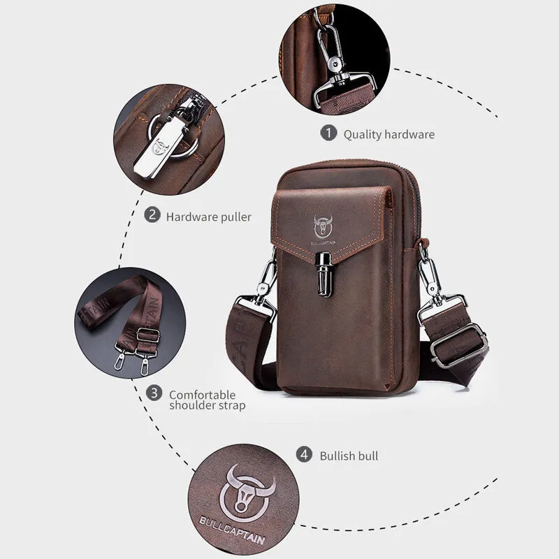 Men Genuine Leather Large Capacity Vintage 6.5 Inch Phone Bag Waist Bag Shoulder Bag Crossbody Bag
