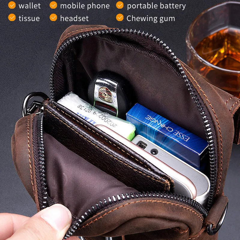 Men Genuine Leather Large Capacity Vintage 6.5 Inch Phone Bag Waist Bag Shoulder Bag Crossbody Bag