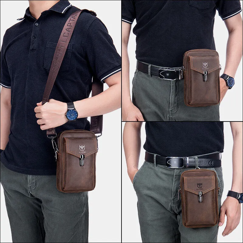 Men Genuine Leather Large Capacity Vintage 6.5 Inch Phone Bag Waist Bag Shoulder Bag Crossbody Bag