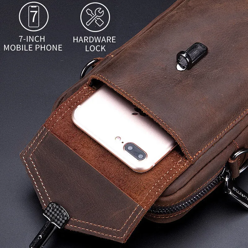 Men Genuine Leather Large Capacity Vintage 6.5 Inch Phone Bag Waist Bag Shoulder Bag Crossbody Bag