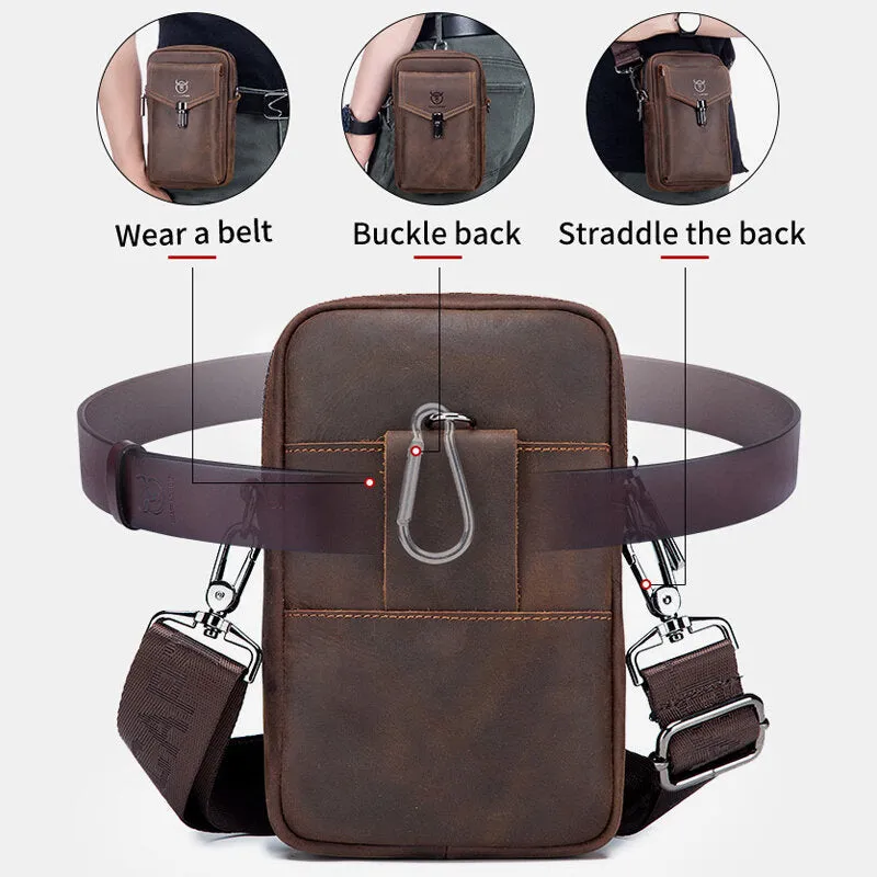 Men Genuine Leather Large Capacity Vintage 6.5 Inch Phone Bag Waist Bag Shoulder Bag Crossbody Bag
