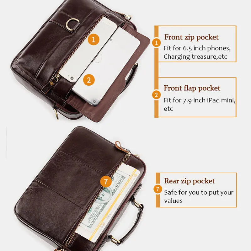 Men Genuine Leather Multi-pocket Crossbody Bags Large Capacity Retro 6.5 Inch Phone Bag Briefcase Shoulder Bag Handbag