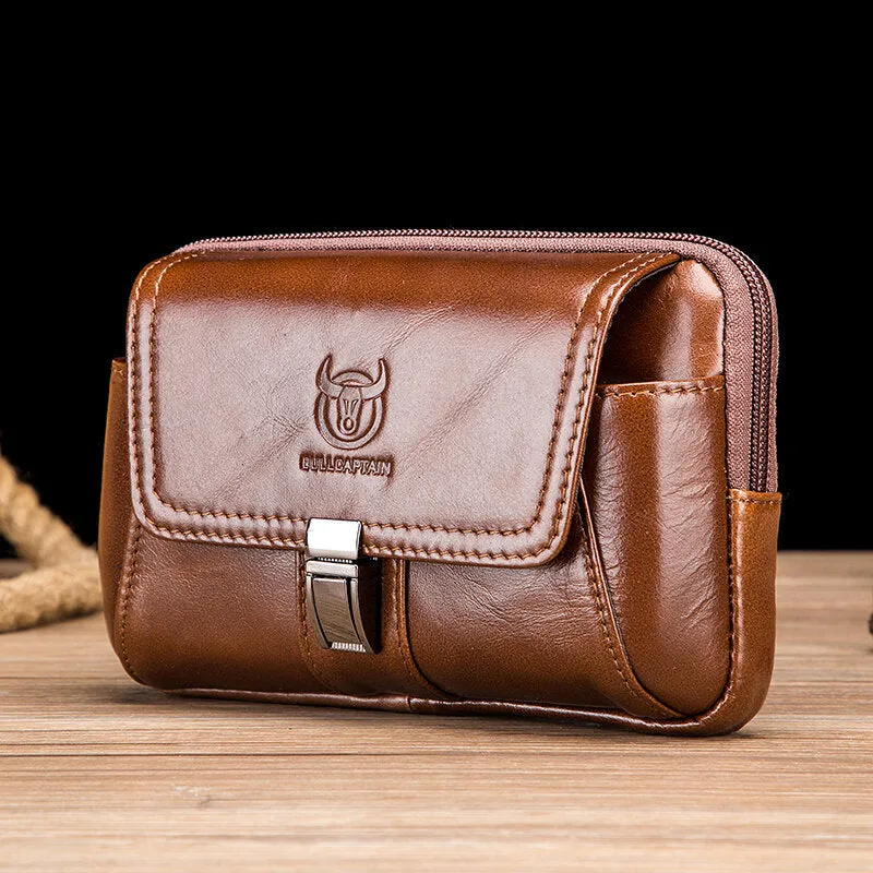 Men Genuine Leather Thick Zipper Waist Bag Phone Cover Belt Bag