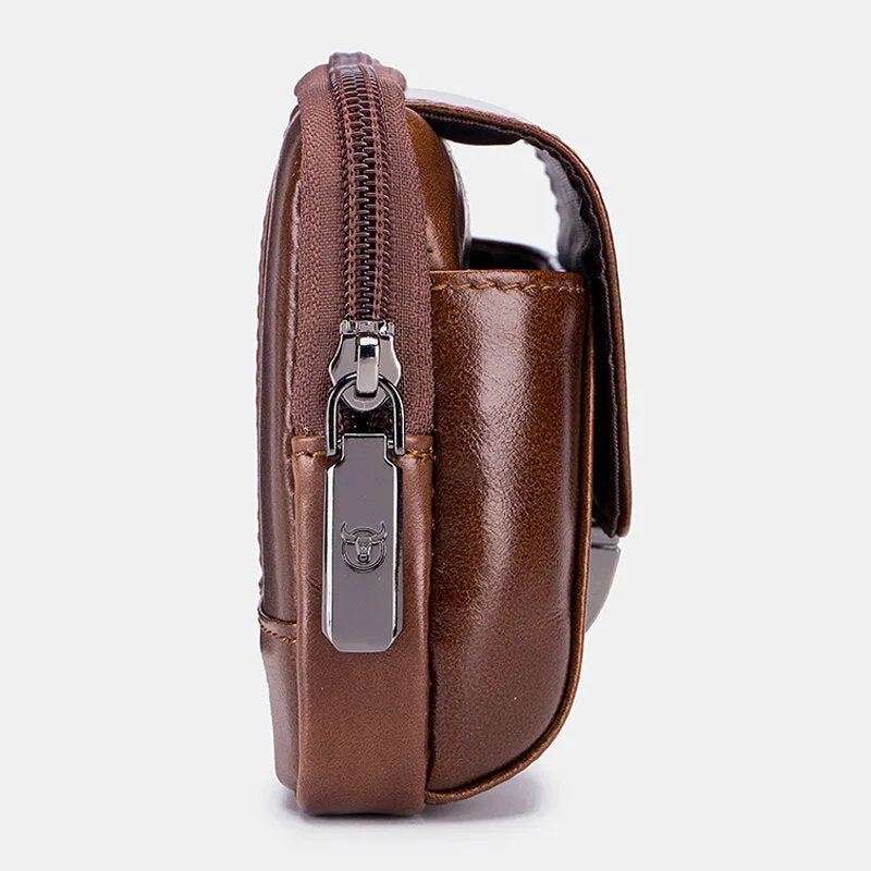 Men Genuine Leather Thick Zipper Waist Bag Phone Cover Belt Bag