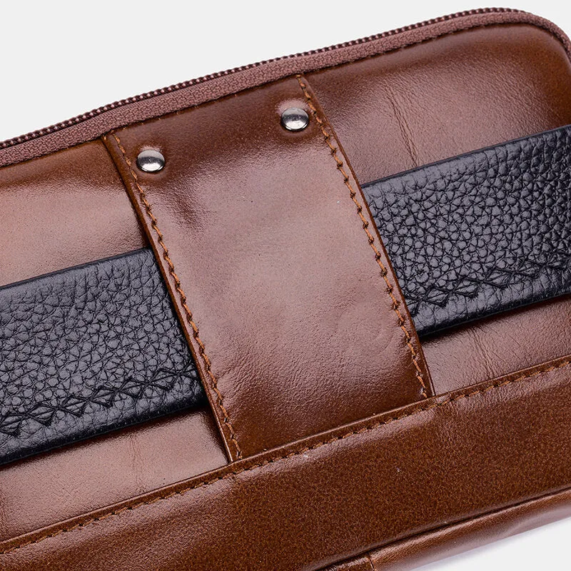 Men Genuine Leather Thick Zipper Waist Bag Phone Cover Belt Bag