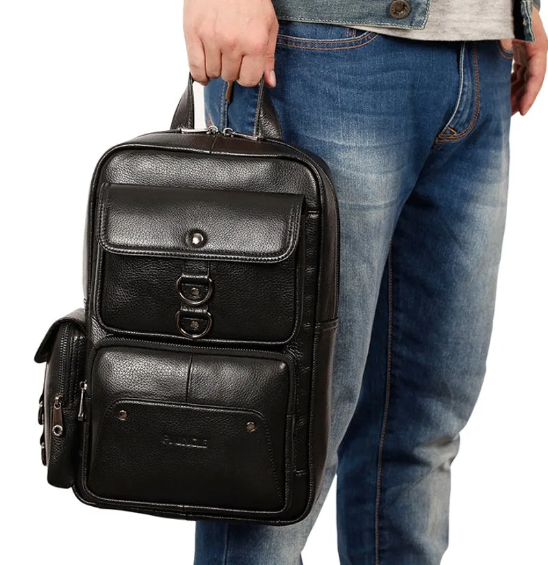 Men Genuine Leather Travel Cowhide Crossbody Bag Backpack