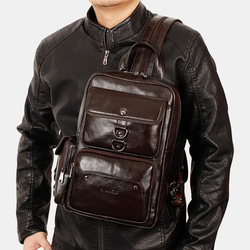 Men Genuine Leather Travel Cowhide Crossbody Bag Backpack