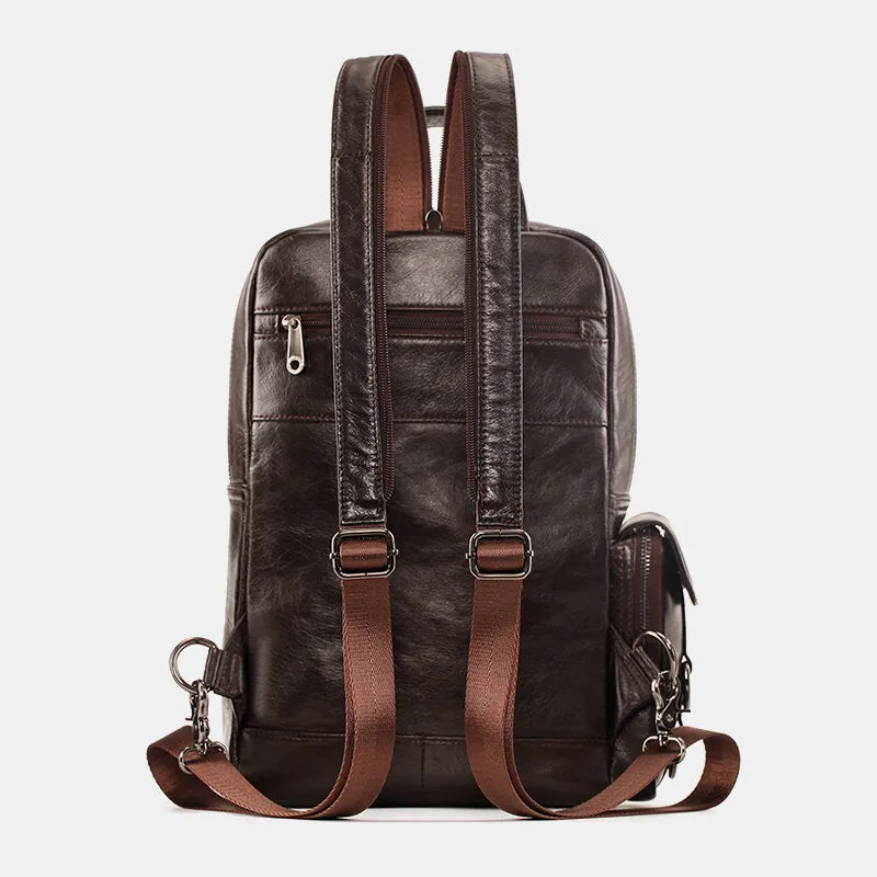 Men Genuine Leather Travel Cowhide Crossbody Bag Backpack