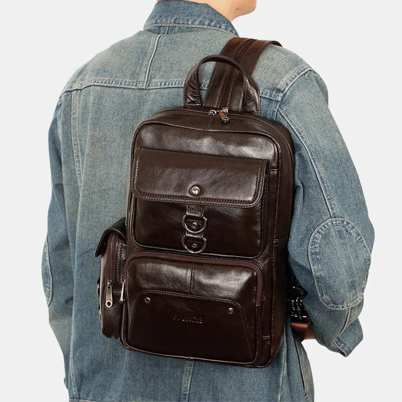 Men Genuine Leather Travel Cowhide Crossbody Bag Backpack