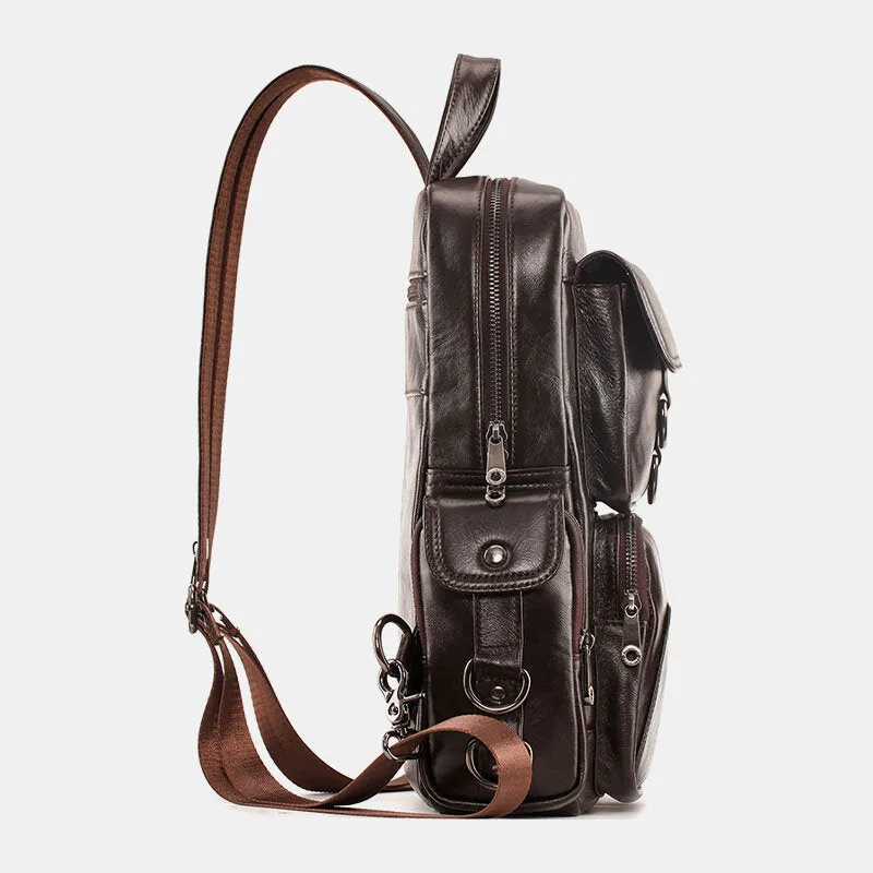 Men Genuine Leather Travel Cowhide Crossbody Bag Backpack