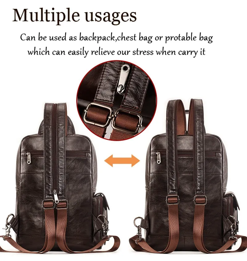 Men Genuine Leather Travel Cowhide Crossbody Bag Backpack
