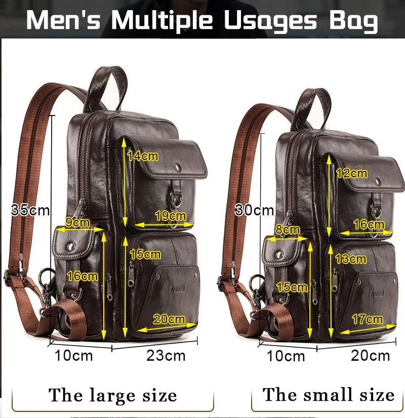 Men Genuine Leather Travel Cowhide Crossbody Bag Backpack