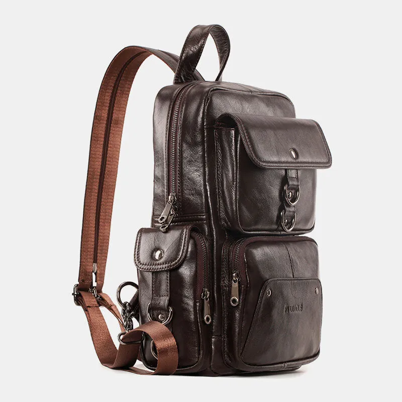 Men Genuine Leather Travel Cowhide Crossbody Bag Backpack