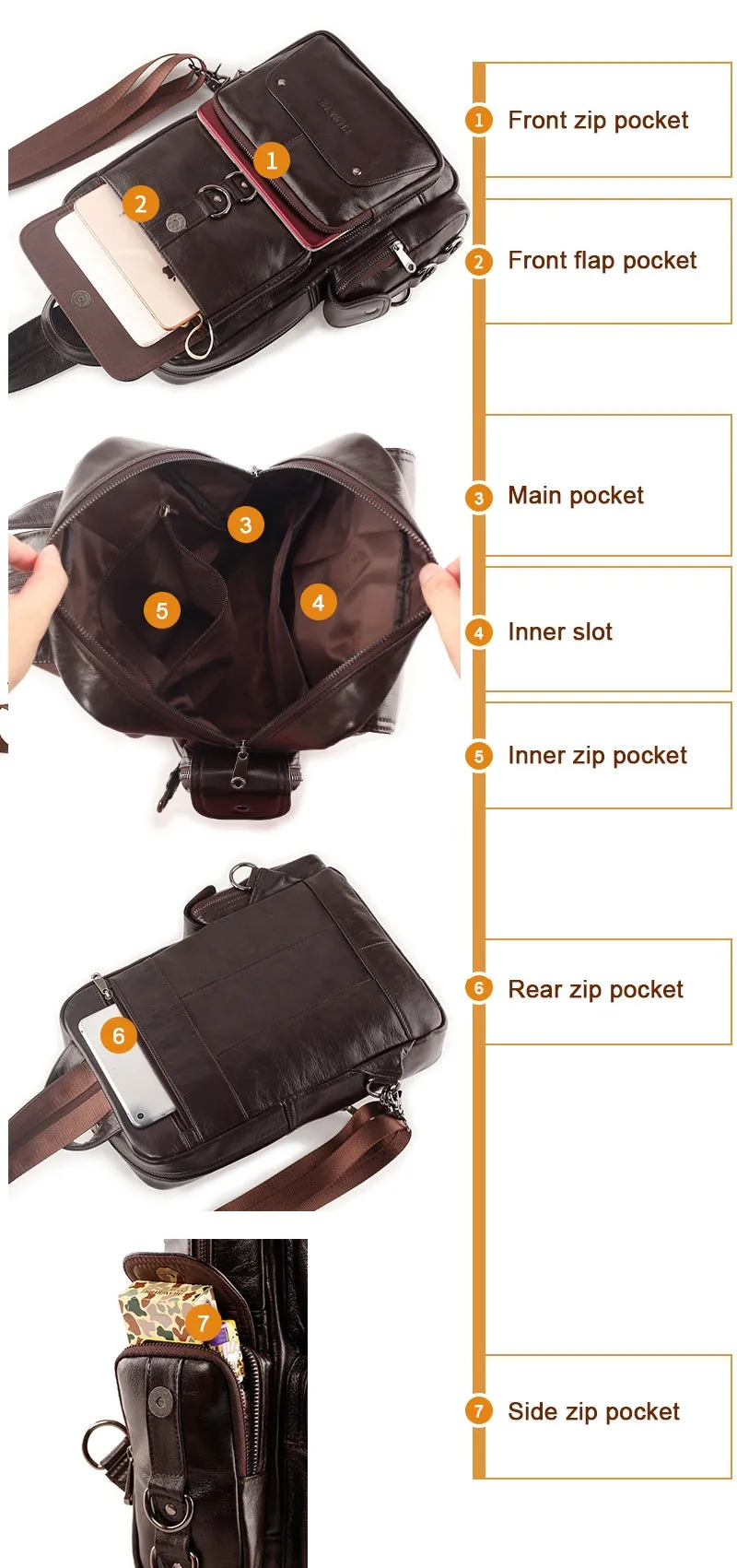 Men Genuine Leather Travel Cowhide Crossbody Bag Backpack