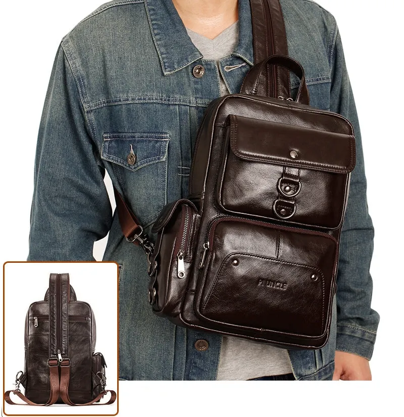 Men Genuine Leather Travel Cowhide Crossbody Bag Backpack