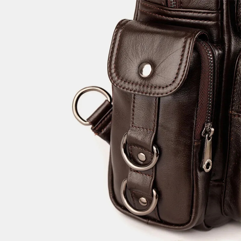 Men Genuine Leather Travel Cowhide Crossbody Bag Backpack