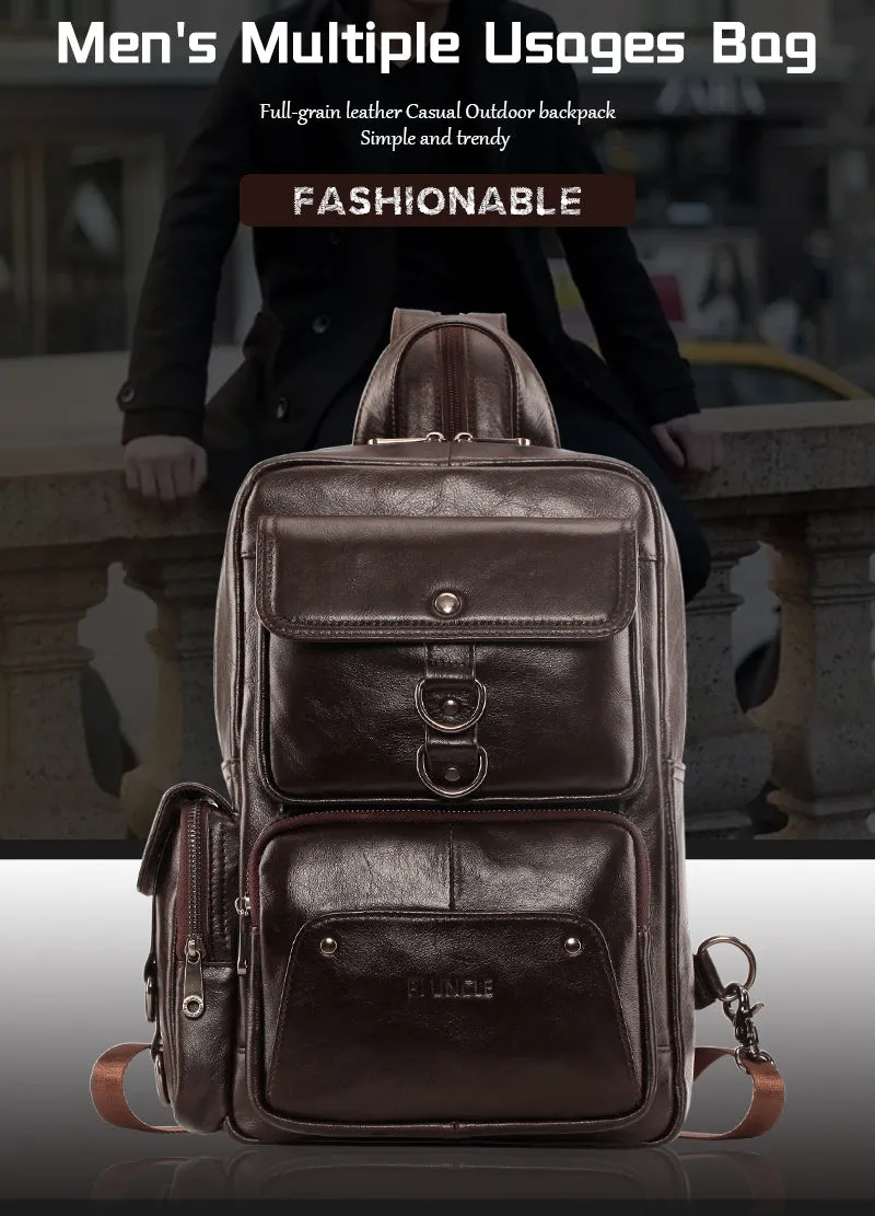 Men Genuine Leather Travel Cowhide Crossbody Bag Backpack
