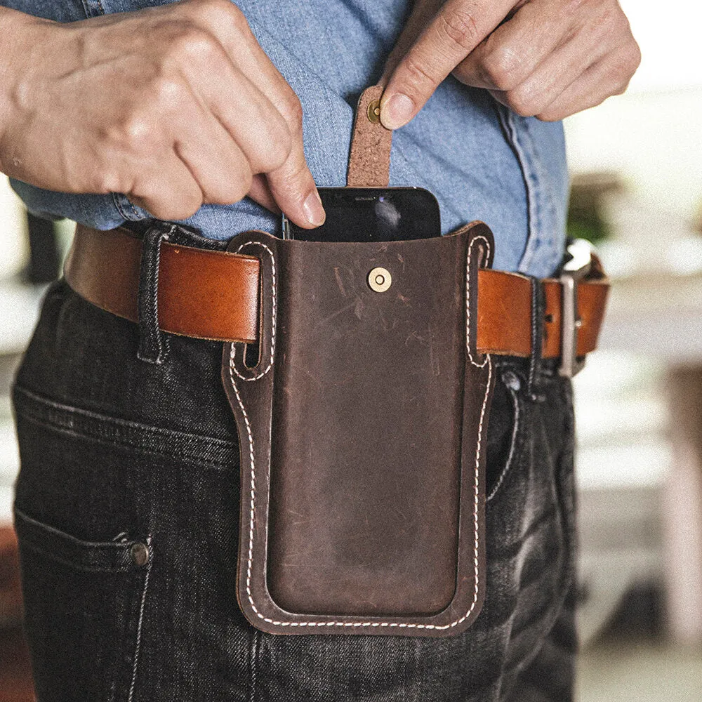 Men Genuine Leather Vintage 6.3 inch Phone Bag Waist Bag Pouch Leather Belt Bag Purse
