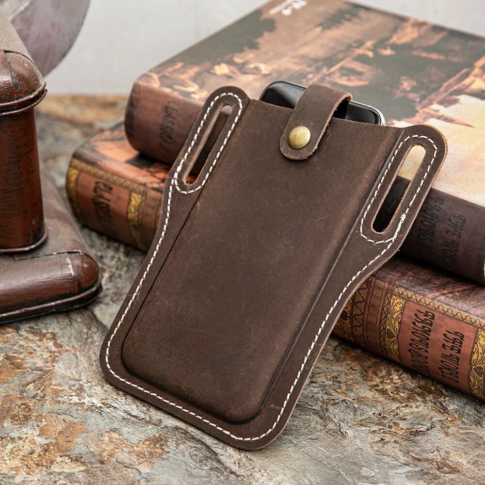 Men Genuine Leather Vintage 6.3 inch Phone Bag Waist Bag Pouch Leather Belt Bag Purse