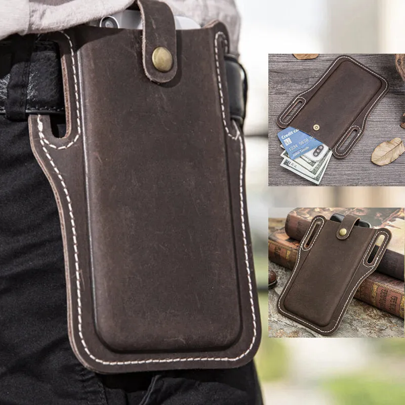 Men Genuine Leather Vintage 6.3 inch Phone Bag Waist Bag Pouch Leather Belt Bag Purse
