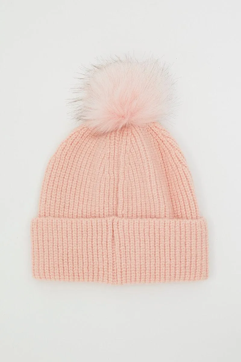 Pink Faux Fur Pom Pom Beanie