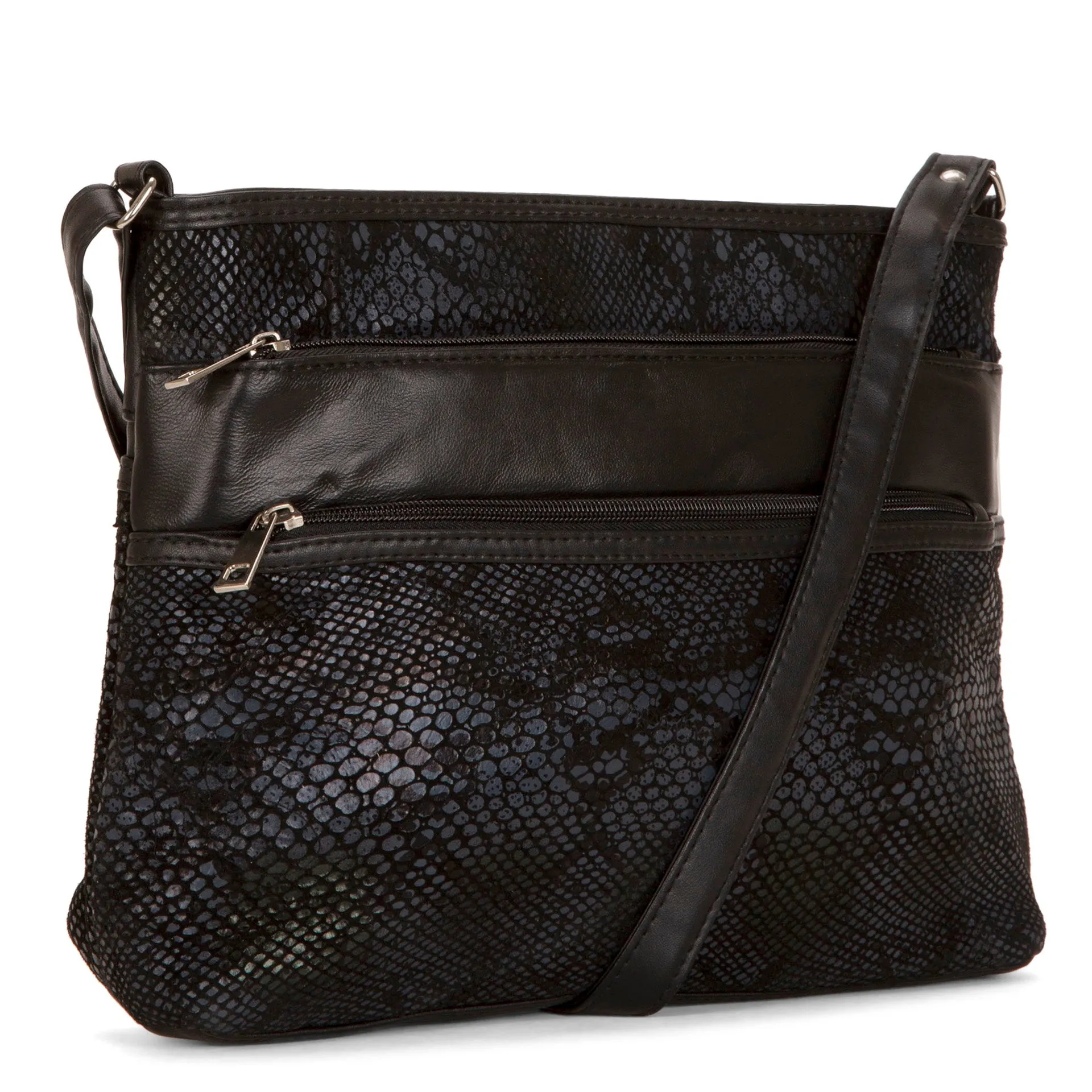 RFID Patch Leather Double Zip Crossbody